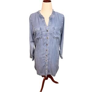 J. Jill blue denim dress open neck long tab roll sleeves pockets tencel Sz L
